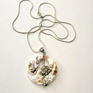 Mosaic Mother of Pearl Pendant Sterling Silver 925 Chain with Crystals Flowers